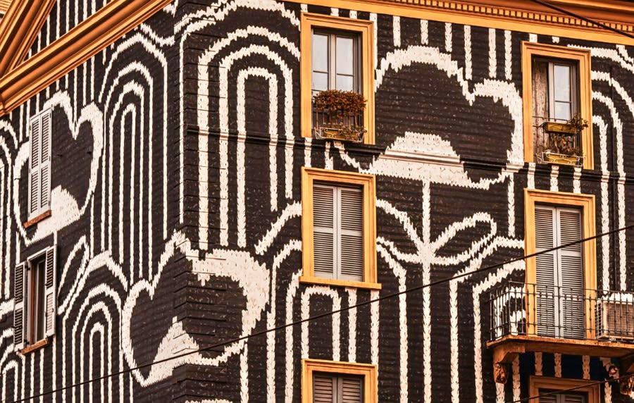Black and white tiled building