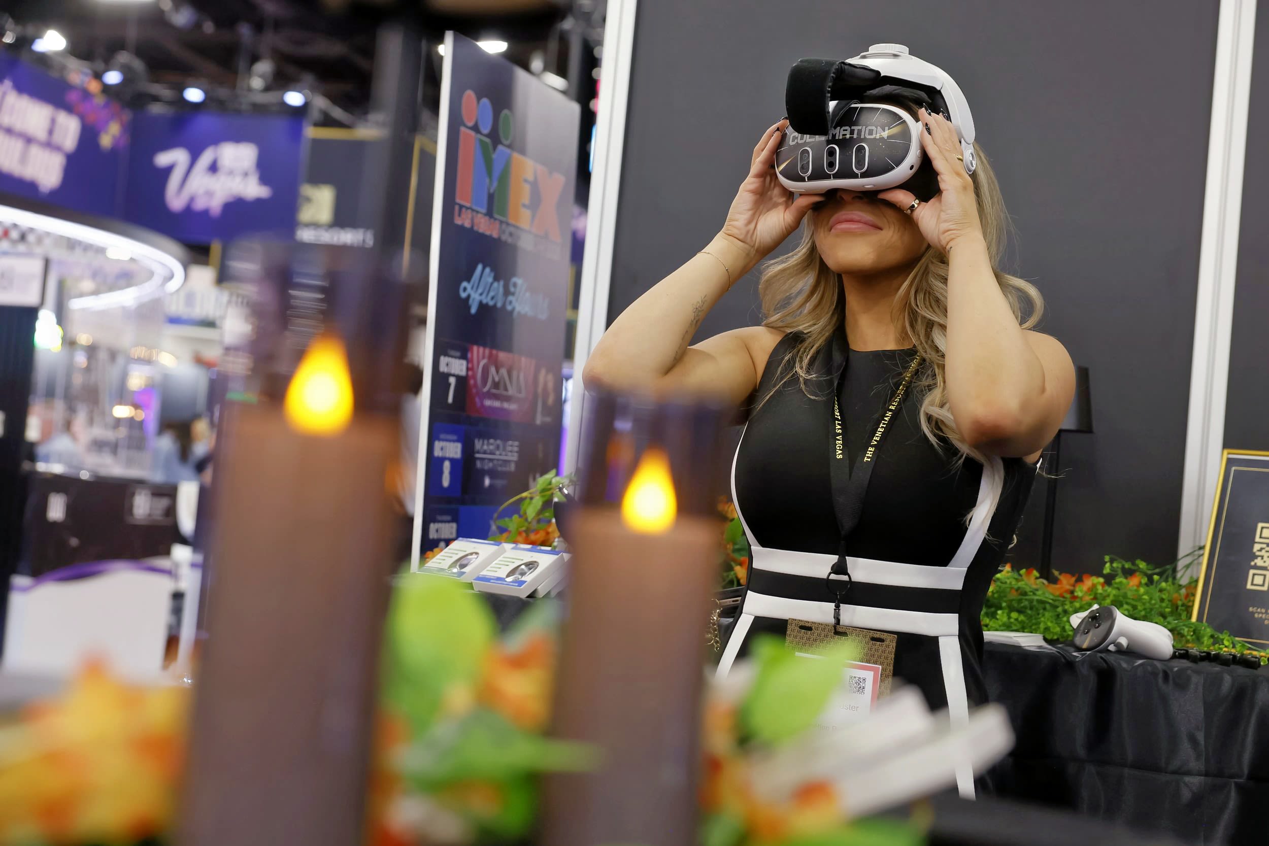 Female wearing a VR headset with a neutral expression